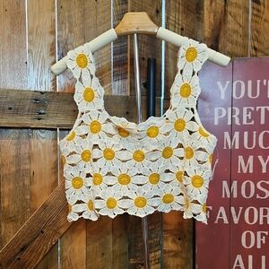 Floral Crochet Crop Top - Cream and Yellow
